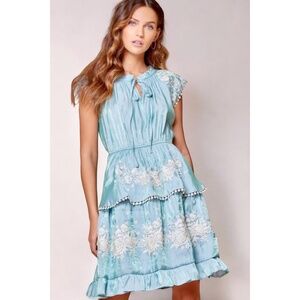 Savanna Jane Aqua Blue Floral Embroidered Ruffle Layered Dress